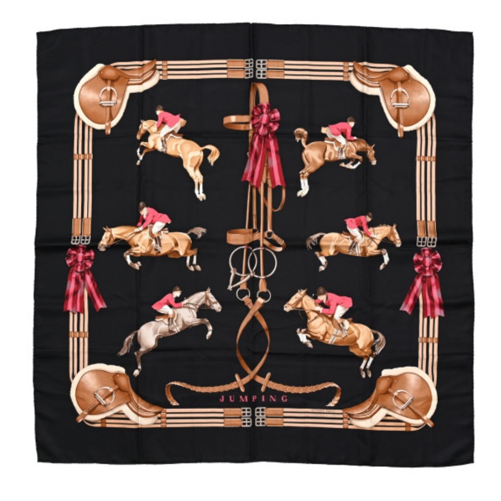 Authentic Hermes “Jumping” 90cm Silk Scarf, Black, Equestrian
